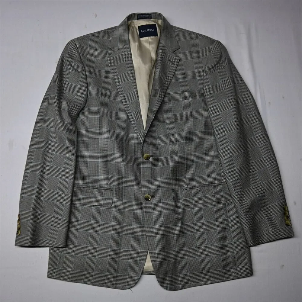 Nautica 42L Gray Glenn Check‎ Silk Wool Mens Blazer Sport Coat Jacket